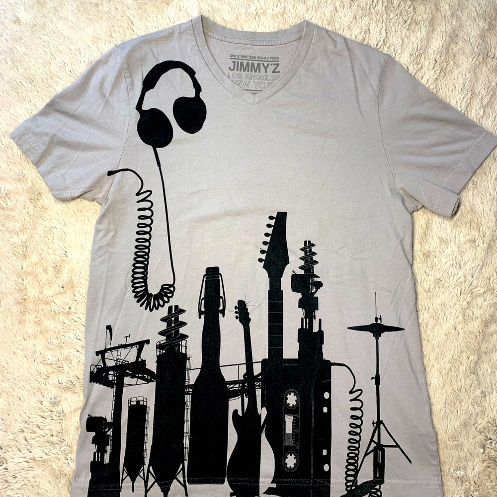 Vintage Jimmy’Z LA NY T Shirt Mens Medium Guitar Tee Grey Electric Instrument